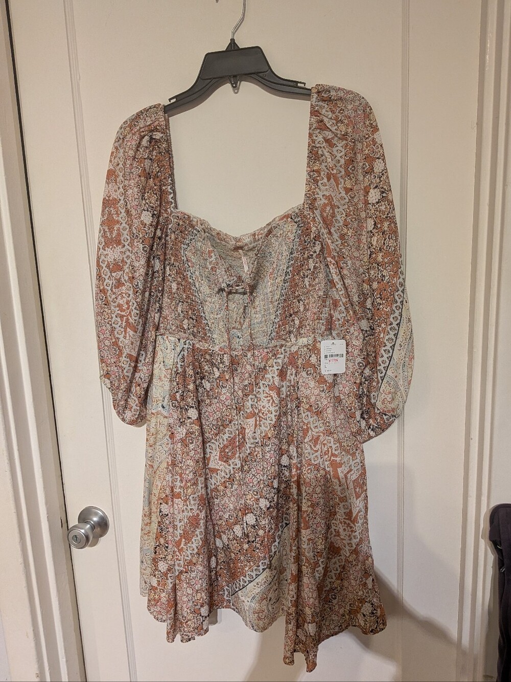Free People Dress, Size Large. Cream, Peach & Blue Floral Smocking